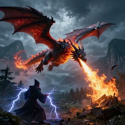 a powerful flying black fire Dragon spitting fire, fighting against a strong Wizard which spells lightning strikes  in the foreground, big Mountains and wide forrests with trees are in the Background, stormy weather at night ,cinematic Style, hyperrealistic, artstation