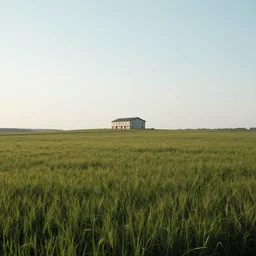 A serene landscape with a singular building in the style of ultra realistic