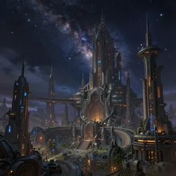 beautiful cosmic fantasy landscape with gothic futuristic cyberpunk city filled with technological wonders, the sky is filled with stars, atmospheric lighting, painted, intricate, volumetric lighting, beautiful, rich deep colours masterpiece, sharp focus, ultra detailed, in the style of Dan Mumford and marc simonetti