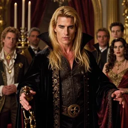 majestic regal aristocratic a long blond haired tom cruise as vampire lestat de cioncourt portrait, luxurious indoor setting, atmospheric lighting, painted, voluptuous, menacing, intricate, volumetric lighting, rich deep colours masterpiece, sharp focus, ultra detailed, by leesha hannigan, ross tran, thierry doizon, kai carpenter, ignacio fernandez rios