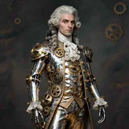 clockwork cyborg vampire french aristocrat, powdered wig, gears, prosthetics, shiny, portrait, full body
