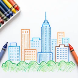 a kids crayon drawing of a city viewed from above