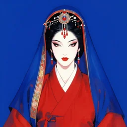 portrait of mighty korean vampiress, jeweled veil, blue and red, strong line, saturated color, beautiful! coherent! by frank frazetta, high contrast, minimalism