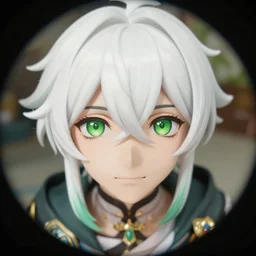 white - haired young guy with green eyes, anime portrait, genshin impact, kenzo tenma, high quality, octane engine, very close shot, fisheye