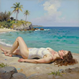 a beautiful woman in a swimsuit! lays by the pacific sea, turquoise waters and palm trees, extremely detailed oil painting, sargent and leyendecker, savrasov levitan polenov, bruce pennington, tim hildebrandt, digital art, landscape painting, trending on artstation, masterpiece
