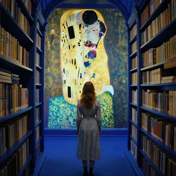 a girl in a blue and gold haunted library, film still by edward hopper, by gottfried helnwein, by klimt, art noveau, highly detailed, strong lights, liminal, eerie, bright pastel colors,