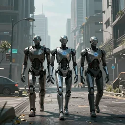 Androids walking in a dystopic city