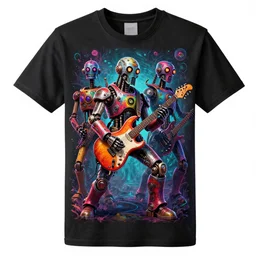 merchandise tshirt art of a fictive rockband with 3 dieselpunk robots playing guitar, 8 k, flourescent colors, halluzinogenic, multicolored, exaggerated detailed, front shot, 3 d render, octane