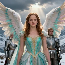 royalty angel, big wings, argentina, emma watson and natalie portman, hudson river school, max rive, full plate armor with cloth, f 1 6, bokeh, gentle, female, snowy mountain, storm clouds, god rays, close up portrait, d & d, fantasy, elegant, teal pink white gold color palette, concept art, roger deakins and greg rutkowski and alphonse mucha