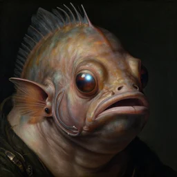 close up portrait of a mutant monster creature with anglerfish facial features, bioluminescent nose by jan van eyck, audubon