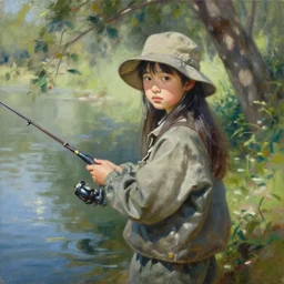 oil painting by ilya kuvshinov,, baugh casey, artgerm craig mullins, coby whitmore, of a youthful japanese girl, long hair, fishing and wearing fisherman's outfit, fisherman's hat, highly detailed, breathtaking face, studio photography, noon, intense bounced light, water reflection, large tree casting shadow, serine intense sunlight