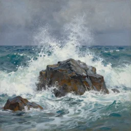rocks being lashed by waves and singing, stormy weather, ocean, painting by greg rutkowski