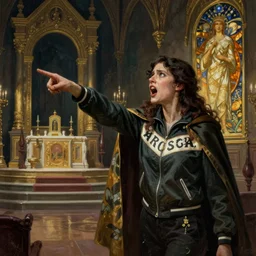 a gorgeous woman weared a jacket with road dress and small cape, frighten and shout, point by hand somewhere, stand near the altar of carcosa in another world, distance view, 1920 style, lovecraft horror, highly detailed, digital painting, artstation, sharp focus, illustration, art by artgerm and alphonse mucha