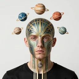 A man with planets circulating around the head, art deco design, by Mandy Jurgens and Warhol, Ernst Haeckel, James Jean, backlight, artstation, concept art
