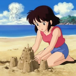 girl making a sand castle on the beach, sprite, vaporwave nostalgia, visual novel cg, 8 0 s anime vibe, studio ghibli, sketch by by osamu tezuka, directed by beat takeshi, wallpaper, ultra hd, vlc screenshot