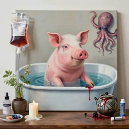 “ a portrait in a female art student ’ s apartment, sensual, a pig theme, pork, bath, art supplies, surgical iv bag, octopus, ikebana, herbs, a candle dripping white wax, japanese pottery, squashed berries, berry juice drips, acrylic and spray paint and oilstick on canvas, surrealism, neoexpressionism ”