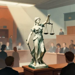 editorial illustration by karolis strautniekas and mads berg, illustrated ( ( lady justice ) ) in a busy court room interior, many people, low fog, fine texture, detailed, ( ( dark green, white, brown ) ), muted colors, dramatic lighting, dynamic composition, vivid, matte print, wide angle, ( ( sunbeams ) ), moody, dark orange + light blue + beige + black