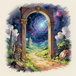 multicolor sketch of a cosmic doorway to a fantasy landscape by greg rutkowski created at modern world in 4 k ultra high resolution