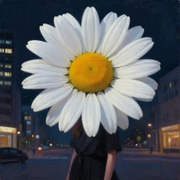 huge daisy flower head, woman in modern city, surreal photography, night light, dark, impressionist painting, digital painting, artstation, simon stalenhag'