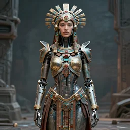 robot woman, aztec design, cyber punk, brutalism