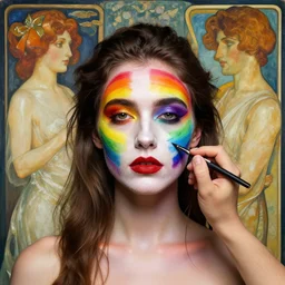 a woman with her face painted in rainbow colors by artgerm and greg rutkowski and rhads and alphonse mucha