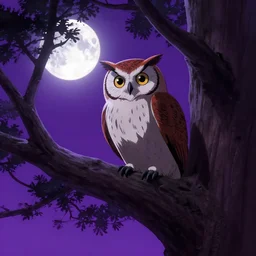 owl in tree with moon from the anime soul eater staring down and the sky is purple, low level, rendered by beeple, makoto shinkai, syd meade, simon stalenhag, synthwave style, digital art, unreal engine, wlop, trending on artstation, 4 k uhd image, octane render,
