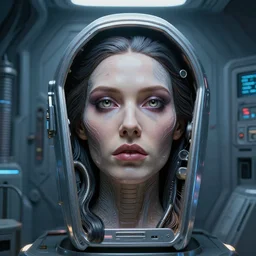 detailed face of a woman with obsidian eyes in a biomorphic sarcophagus, life support chamber, retro 7 0 s sci - fi, rim lighting, pj crook, syd mead, livia prima, artgerm, greg rutkowski, nick alm, casey baugh