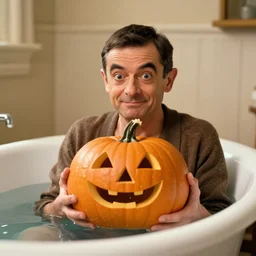 mr bean rowan atkinson holding a pumpkin in the bath. perfect face. photorealism, hd quality, 8 k resolution, cinema 4 d, unreal engine 5, octane render, beautiful.