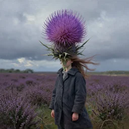 portrait, enormous thistle flower as a head, a girl wearing coat in heather field, surreal photography, wind and cold, dramatic sky, impressionist painting, digital painting, artstation, simon stalenhag