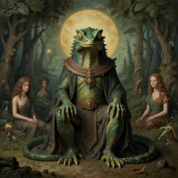 matte symmetrical portrait of ancient voodoo lizard wizard. a surrealist interior mental landscape by hieronymus bosch, cyril rolando, esher and natalie shau, whimsical, profound, impossible. trending on devaintart.
