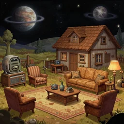 living room of a farm house, on a remote planet, with retro sci fi furniture, from a space themed point and click 2 d graphic adventure game, detailed, set design inspired slightly by hg giger, art inspired by thomas kinkade