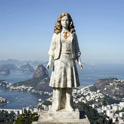 Giant 30-metre tall marble statue of Hermione Granger, standing on the peak of Corcovado mountain, overlooking the city of Rio de Janeiro