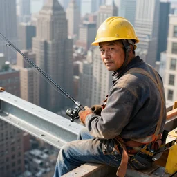 closeup portrait of a construction worker with a fishing rod sitting on a metal beam high over new york city, photography, natural light