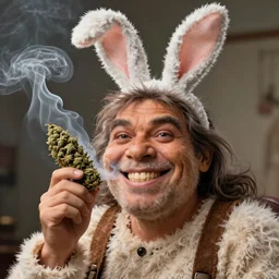 hyper realistic, portrait of a derpy mr. bean, big chungus, with bunny ears, shrek skin, very fuzzy, furry, long hair, smoking massive amounts of weed, big smile, buck teeth,, soft lighting, by greg rutkowski, scott m fischer, artgerm, loish, slight glow, atmospheric, anne stokes, alexandros pyromallis, 4 k, 8 k