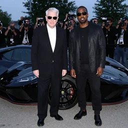 john paul ii and kanye west dressed black and in sunglasses standing in front of a black supercar, evening, press paparazzi photograph