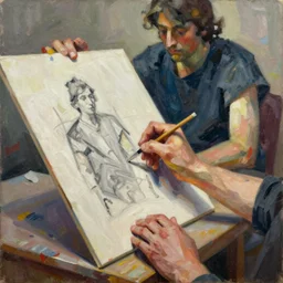 painting of seated figure with big hands. in the style of ivon hitchins and john craxton. still life on a table. studio lighting. large hands drawing on painting, brush marks. holding. expressive abstracted figures. ai