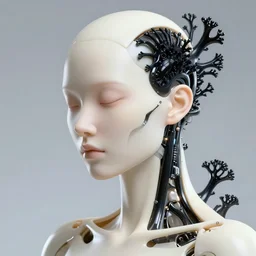 biomechanical beautiful cyberpunk woman, porcelain ivory smooth skin, up close shot, sharp focus, global illumination, radiant light, biomechanical black corals headdress made of corals, cyberpunk brackets, mesh mushrooms, laser cut paper puffballs, rhizomorphs, alexandre ferra white mecha, irakli nadar, octane highly render, 4 k, ultra hd,