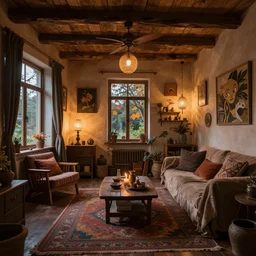 inside interior of a beautifully - decorated bohemian home in the evening, in autumn, by artgerm, featured on artstation, cgsociety, detailed, gorgeous