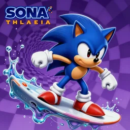 sonic the hedgehog in surreal, recursive fractals, sharp, detailed professional, high quality portrait sonic airbrush art MGMT tame impala album cover portrait of a liquid dissolving LSD DMT sonic the hedgehog surfing through cyberspace, purple checkerboard background, 1990s 1992 Sega Genesis video game album cover