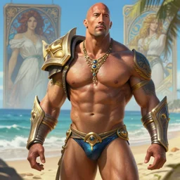 photography of dwayne johnson in bikini at the beach, deep focus, d & d and mtg, fantasy, intricate, elegant, highly detailed, digital painting, artstation, concept art, matte, sharp focus, illustration, hearthstone, art by artgerm and greg rutkowski and alphonse mucha