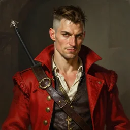 medium-length portrait of a male half-elf warrior with an undercut and brown eyes, fair skin, cocky expression, wears a fancy bright red pirate coat with no undershirt, medieval setting, highly detailed, digital painting, artstation, concept art, sharp focus, illustration, art by greg rutkowski and alphonse mucha