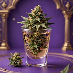 full cannabis shot oversized detailed purple and gold fantasy background, elegant masterpiece matte painting, highly detailed realistic intricate cannabis, high fantasy, dank buds, style of tom bagshaw, cedric peyravernay, peter mohrbacher, louis comfort tiffany, victo ngai