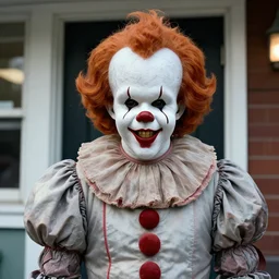 detailed photograph of pennywise standing outside a funeral home smiling.