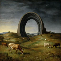 intergalactic stargate portal in the middle of a quiet countryside, with rolling hills and peaceful grazing animals in the foreground by filippino lippi