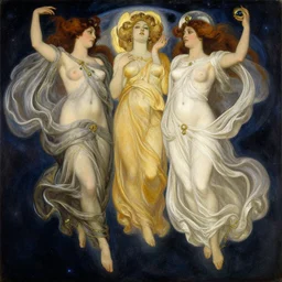 highly detailed painting of gemini goddesses fully clothed in celestial gowns floating in space by tamara de lempicka