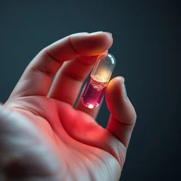 hand holding pill, capsule filled with glowing liquid, 3 d octane render, v ray collection, nvidia, artstation, realistic, detailed digital art.