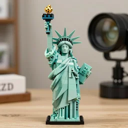 the statue of liberty made of lego bricks, telelens, professional photography