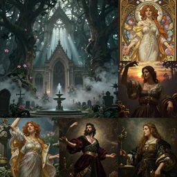 Cinematic stills from Final Fantasy and Assassin's Creed mashup, Gothic-Greek fusion architecture, fountain, cemetery, mystical forest with enormous trees, god rays, bloom, volumetric fog, moody ambiance, dynamic poses, diaphanous cloth, intricate jewelry, cinematic lighting, twilight, sunset, by Alphonse Mucha, by James Gurney, by Bouguereau, by Rubens, fantasy, portfolio illustration, highly detailed, trending on Artstation, CGsociety, HQ, 8k, 35mm lens, f2.8, Bokeh,