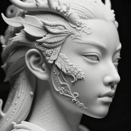 monochrome close - up profile face black background beautiful young porcelain vegetal, dragon, cyborg, female 1 5 0 mm beautiful leaves, hyperdetailed, intricate, 8 k, low key