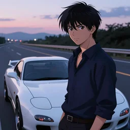 aesthetic illustration of ryosuke takahashi with black hair, wearing a dark blue shirt, standing by his glossy white mazda rx 7 on an empty highway at dusk, cinematic lighting, initial d anime 1 0 8 0 p, detailed anime face, high detail, 9 0 s anime aesthetic, volumetric lights, rule of thirds, unreal engine 5 render, pinterest wallpaper, trending on artstation